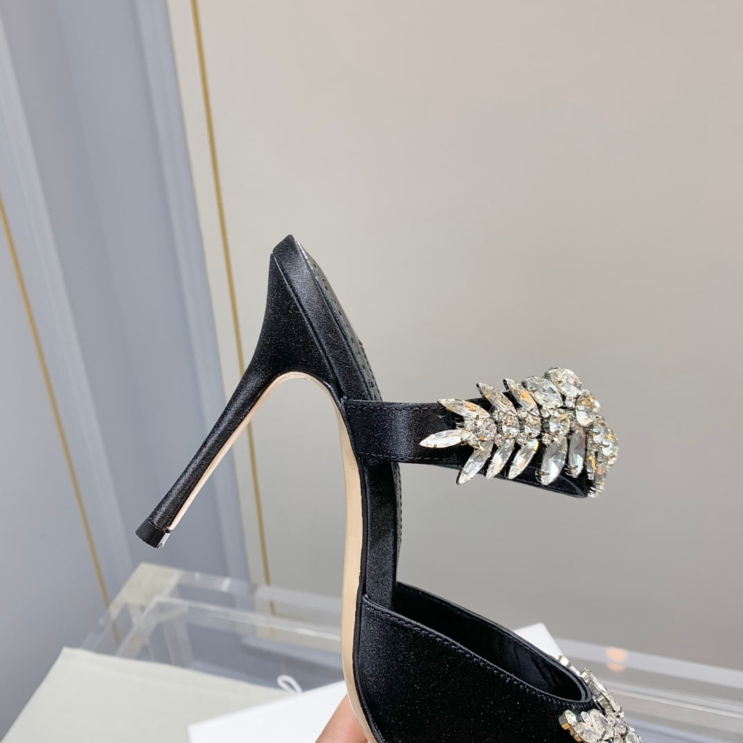 Manolo Mules Crystal Black Silk Satin 219377
