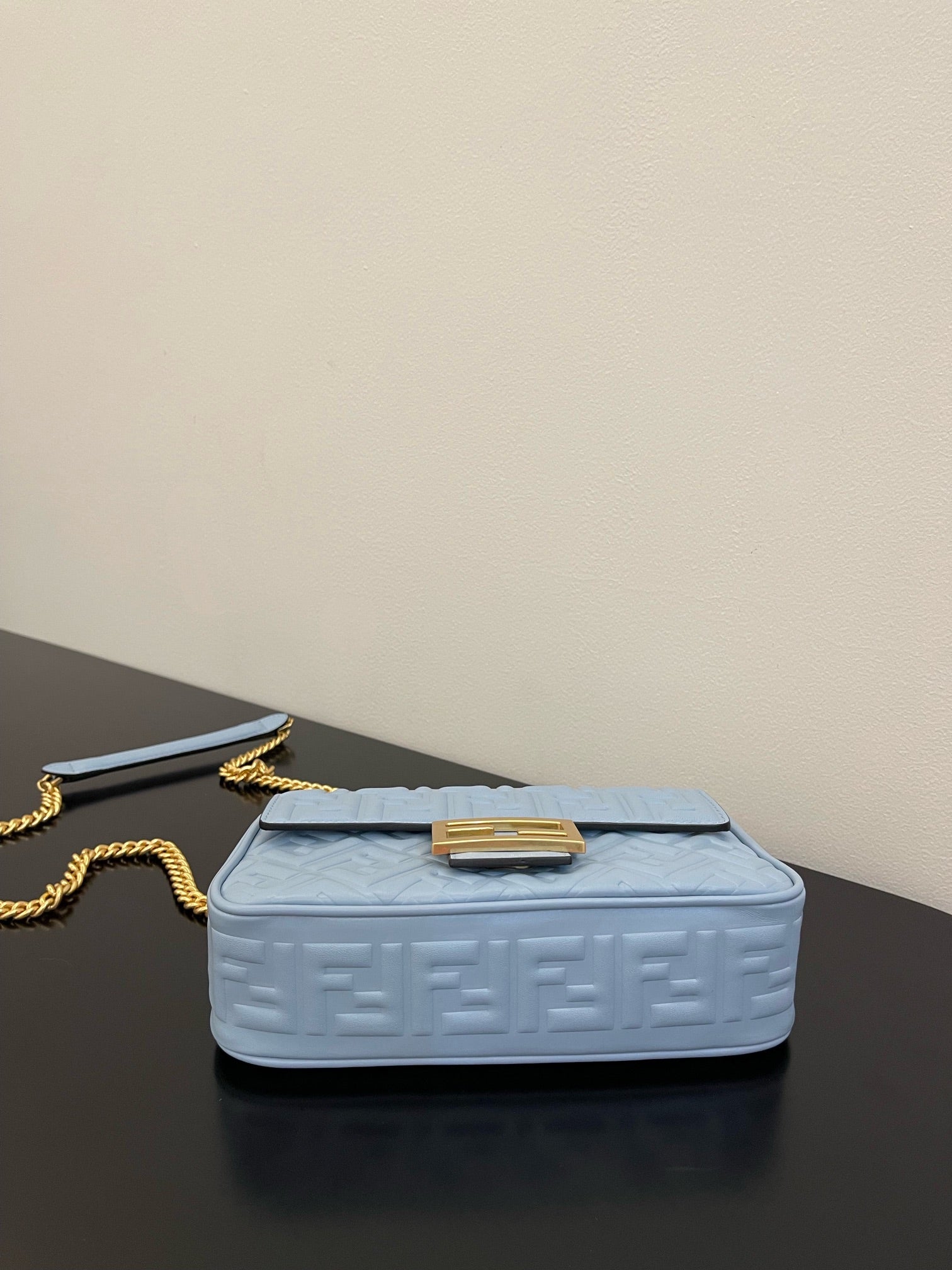 Fend Baguette 24 Bag With FF Motif Baby Blue Leather Ghw
