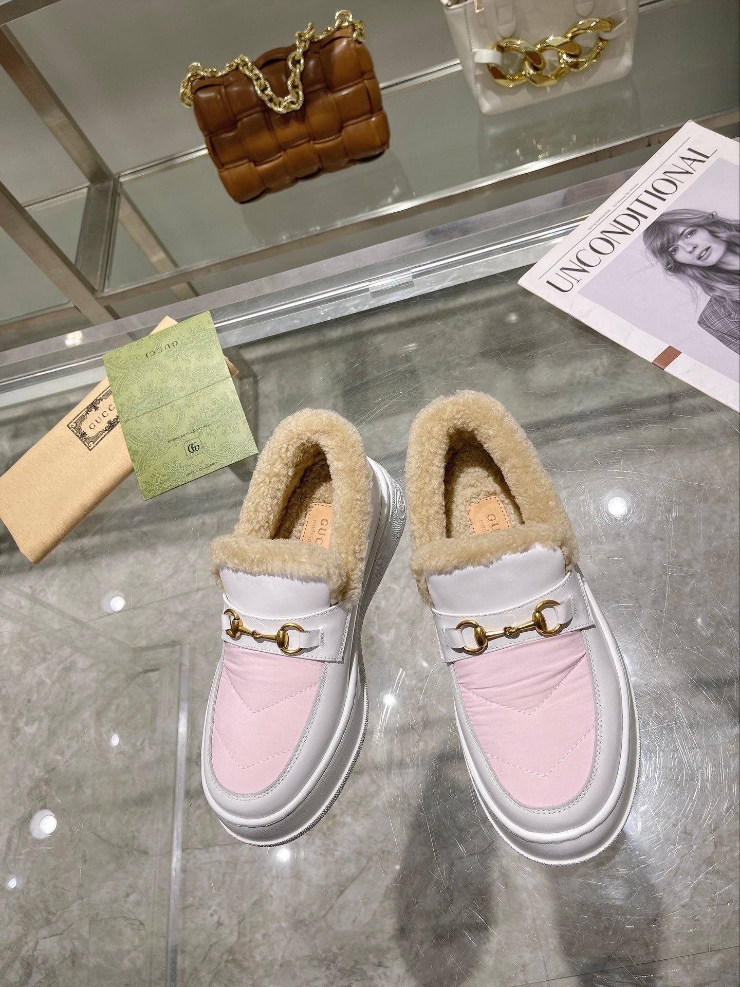 GG Snow Boots White Pink Calfskin Wool 576241