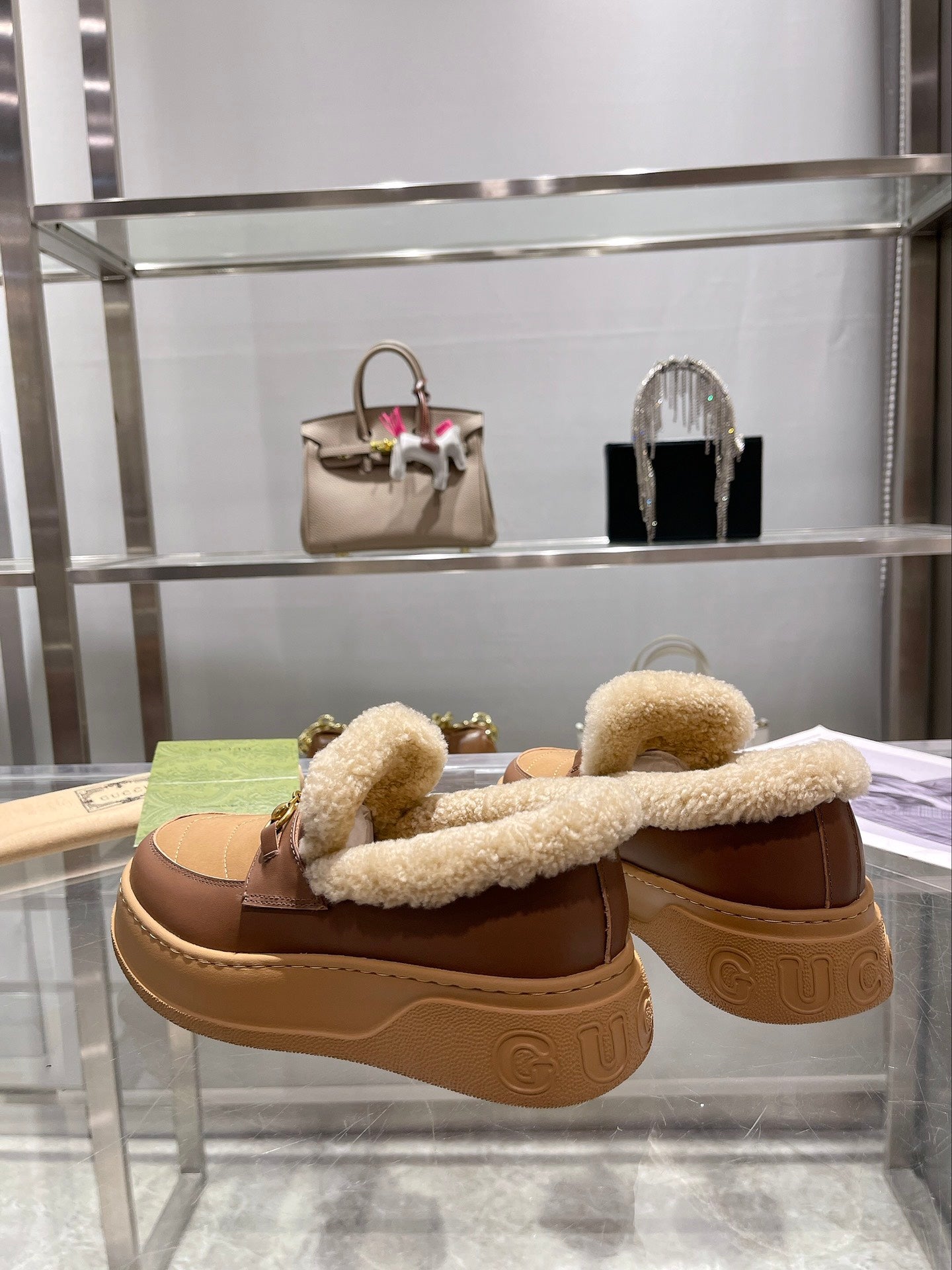 GG Snow Boots Brown Beige Calfskin Wool 576244