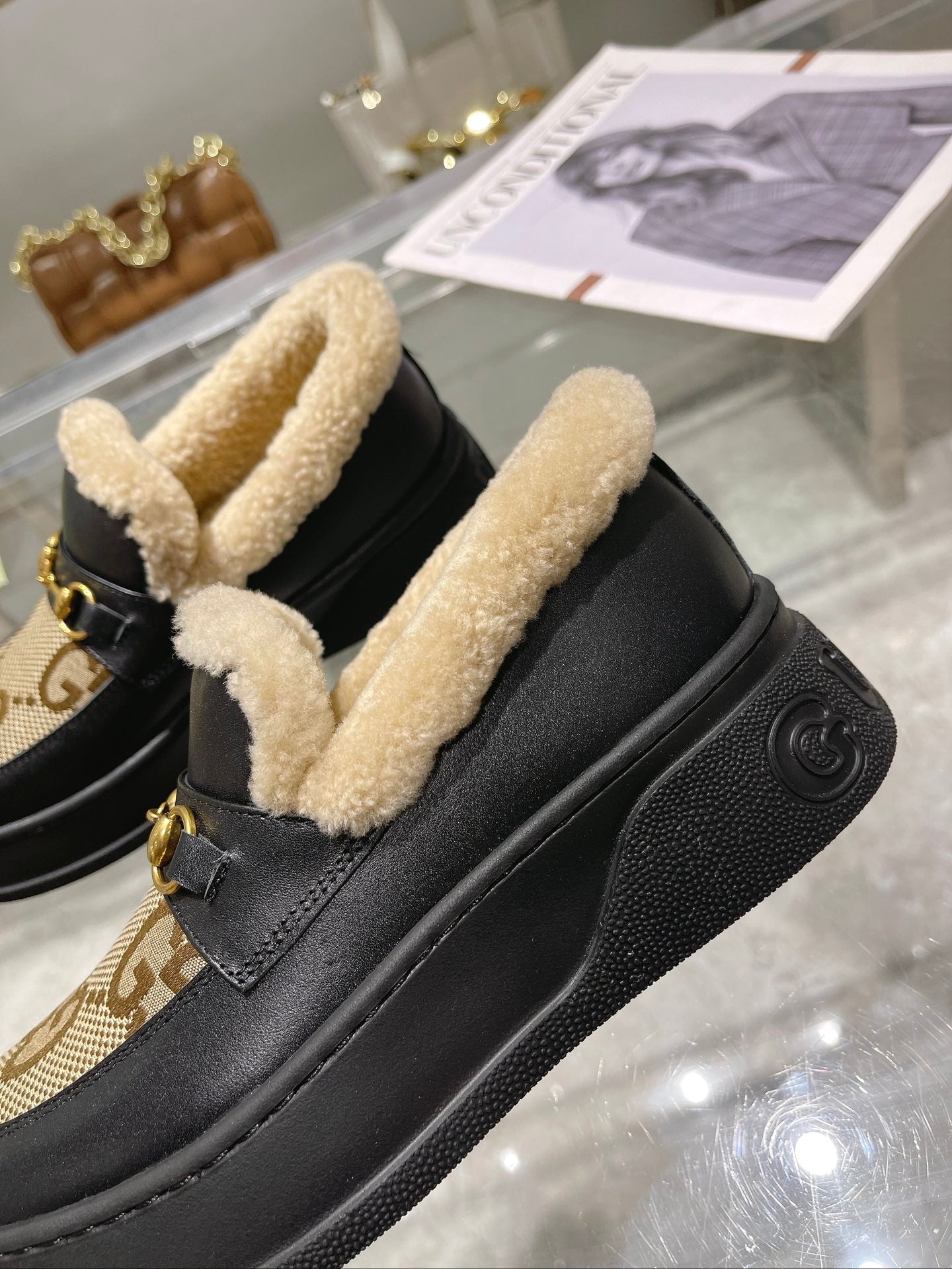 GG Snow Boots Black Calfskin Denim Wool 576248
