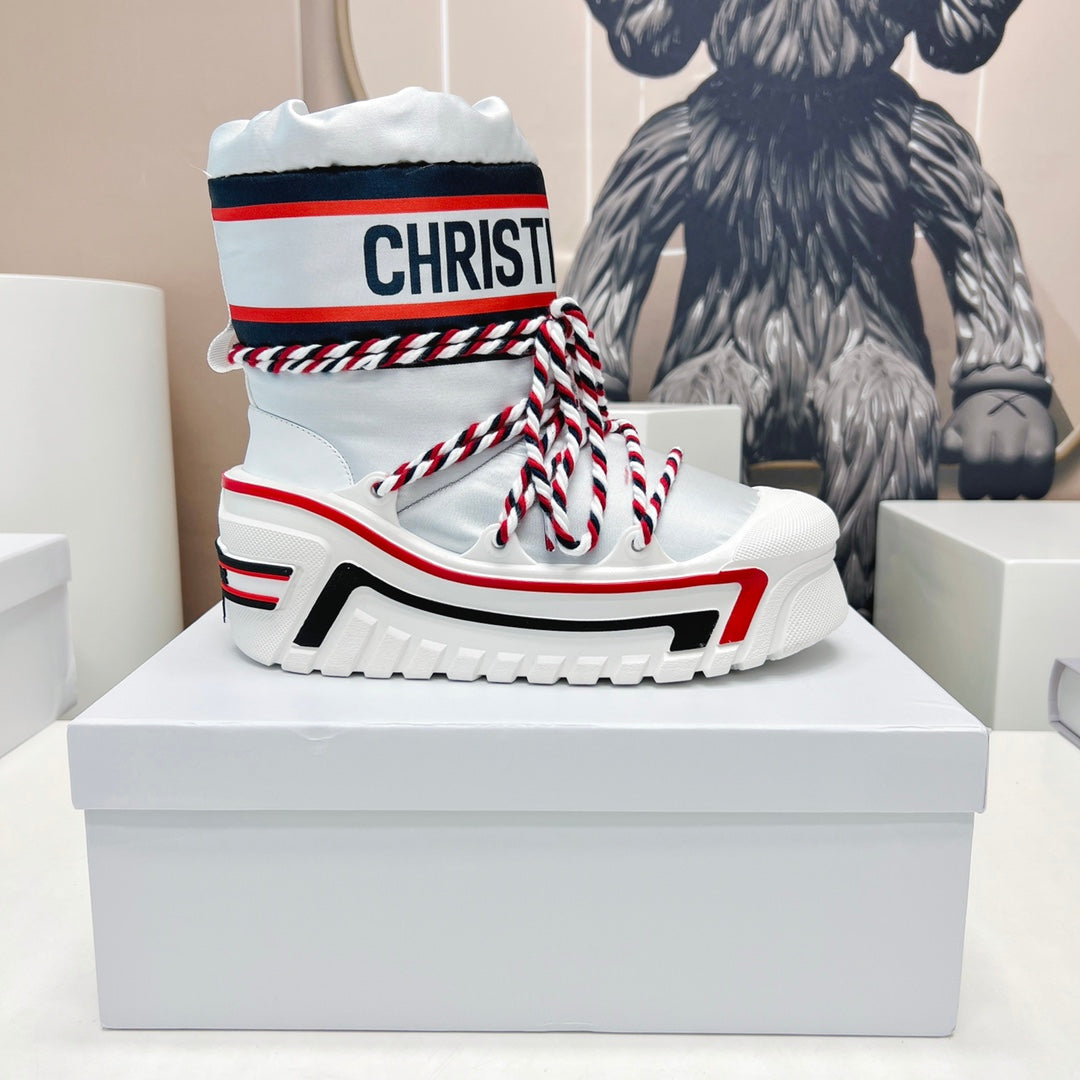 CD Snow Ankle Boots White Red Cowhide Nylon Fabric 539661