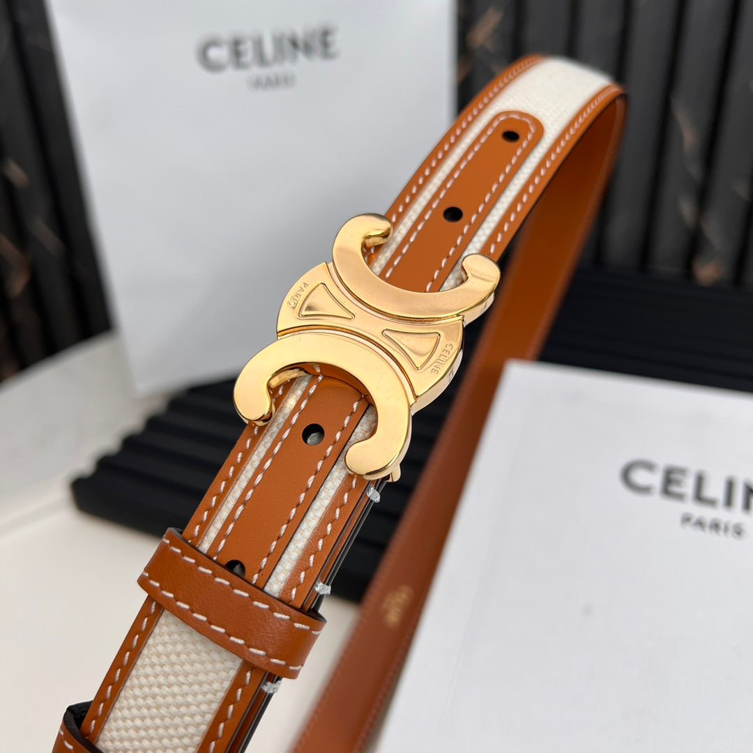 CEL 25mm Triomphe Belt in Taurillon Brown White Canvas 176292