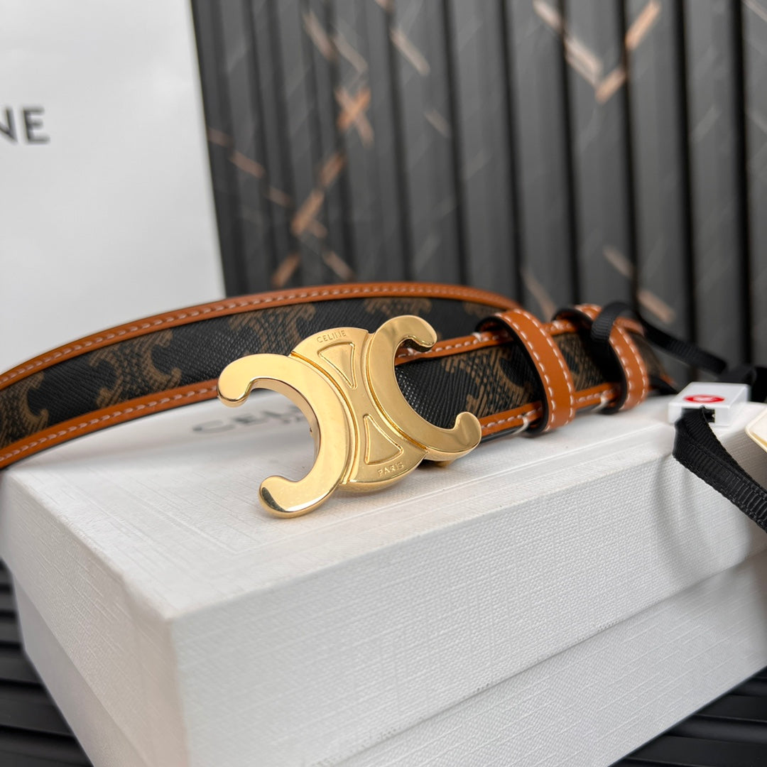 CEL 25mm Triomphe Belt in Taurillon Brown Black Canvas 176291