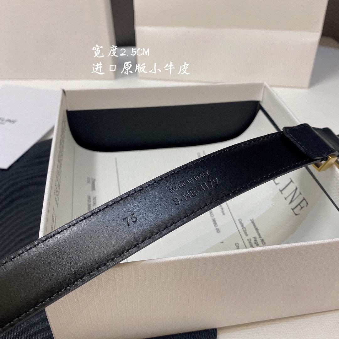 CL MEDIUM 25MM TRIOMPHE BELT IN BLACK CALFSKIN GOLD HARDWARE