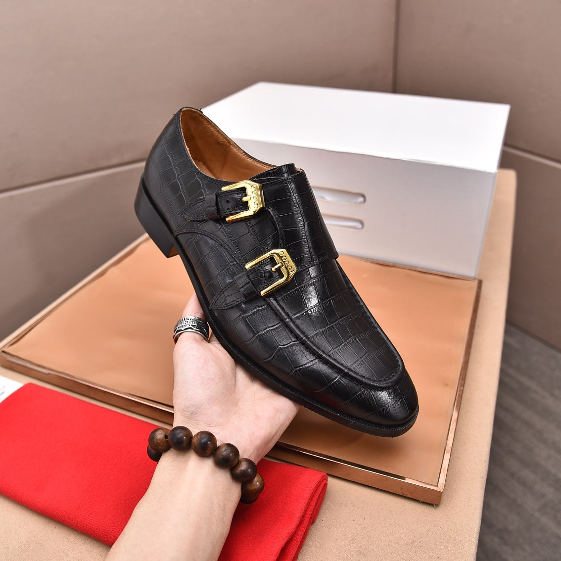 GG Men's Double Monk Strap Loafer Black Embossed Cowhide