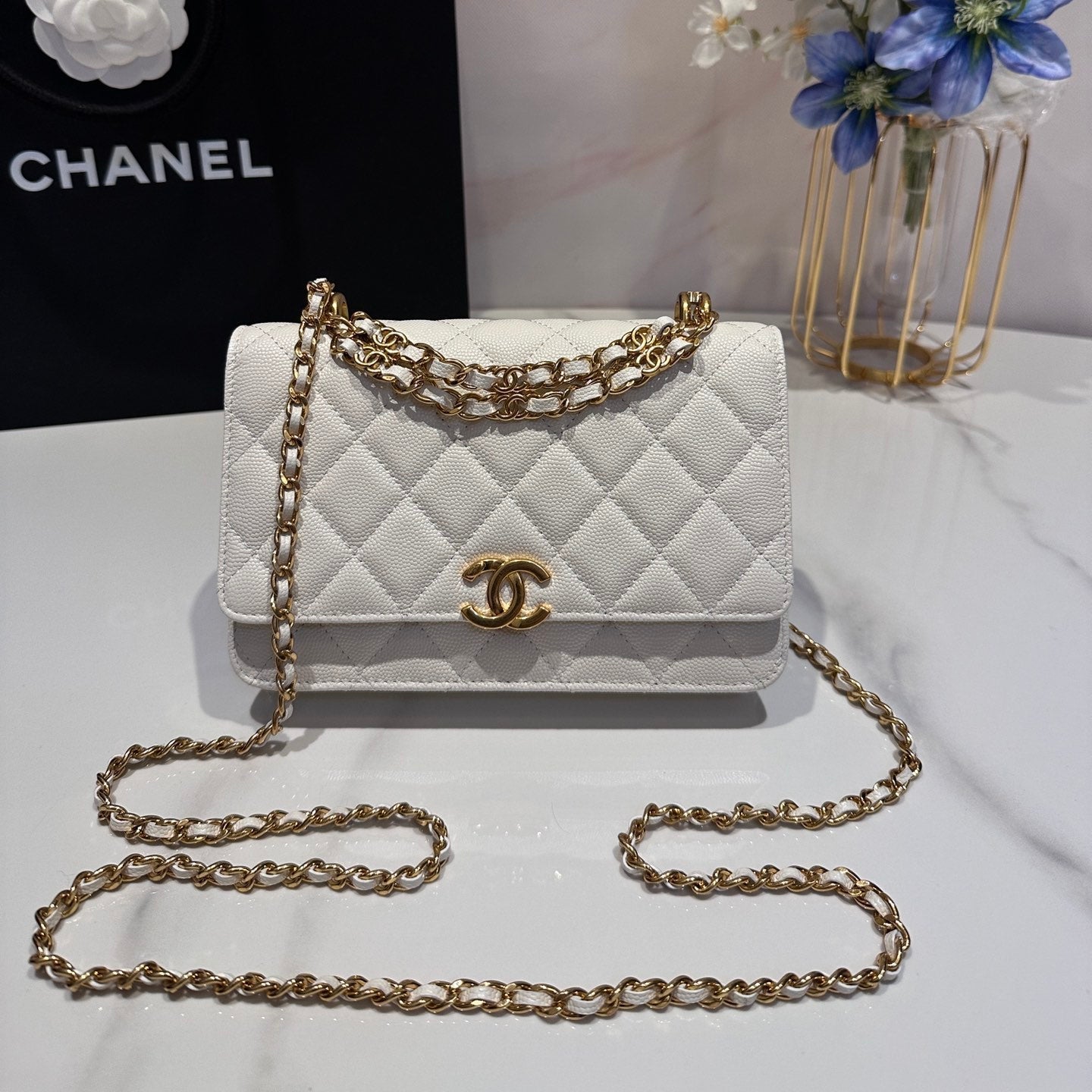 CC 24K Woc 19cm Cream Grained Calfskin Gold Hardware