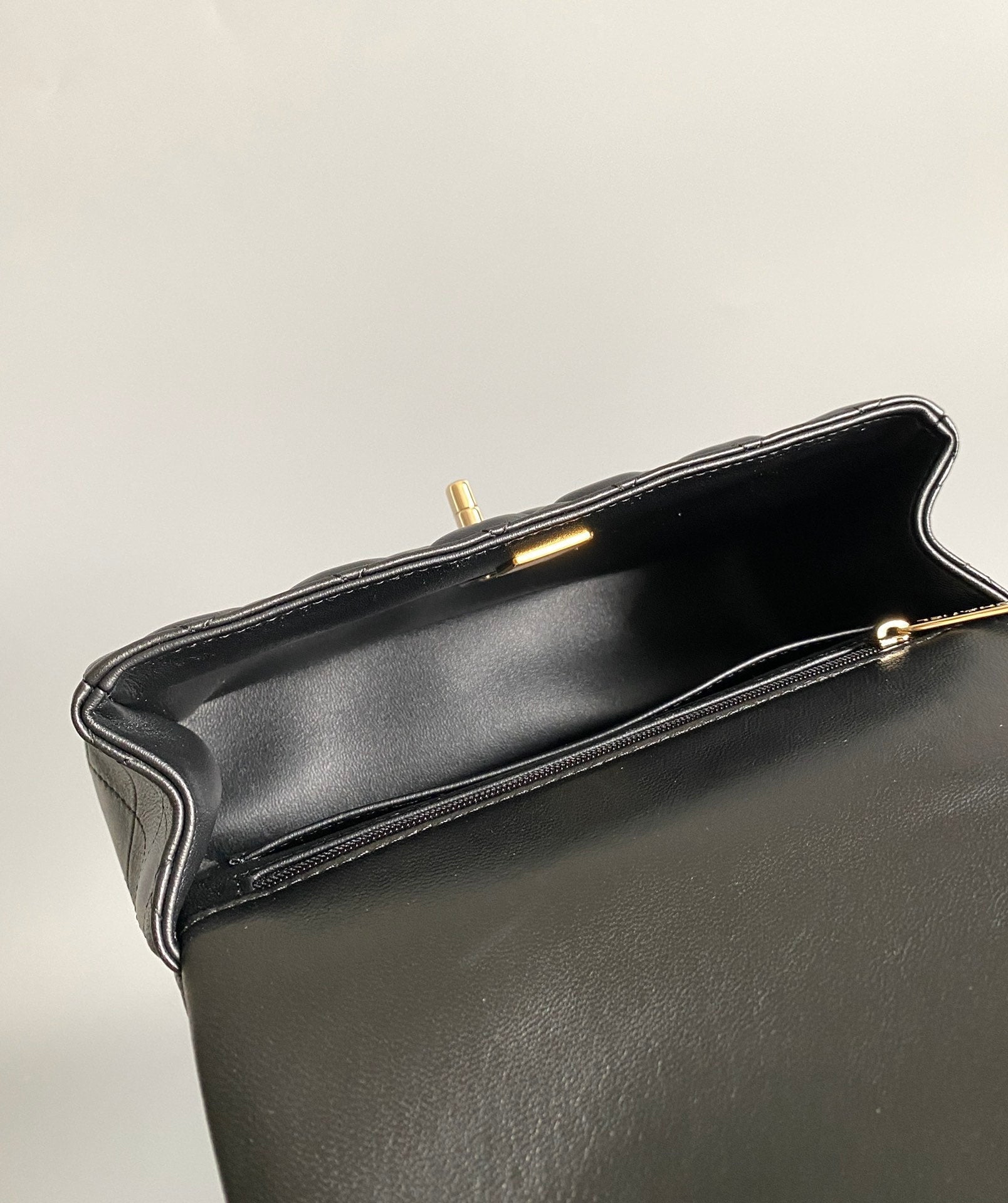 mini flap bag top handle 20cm black lambskin gold hardware