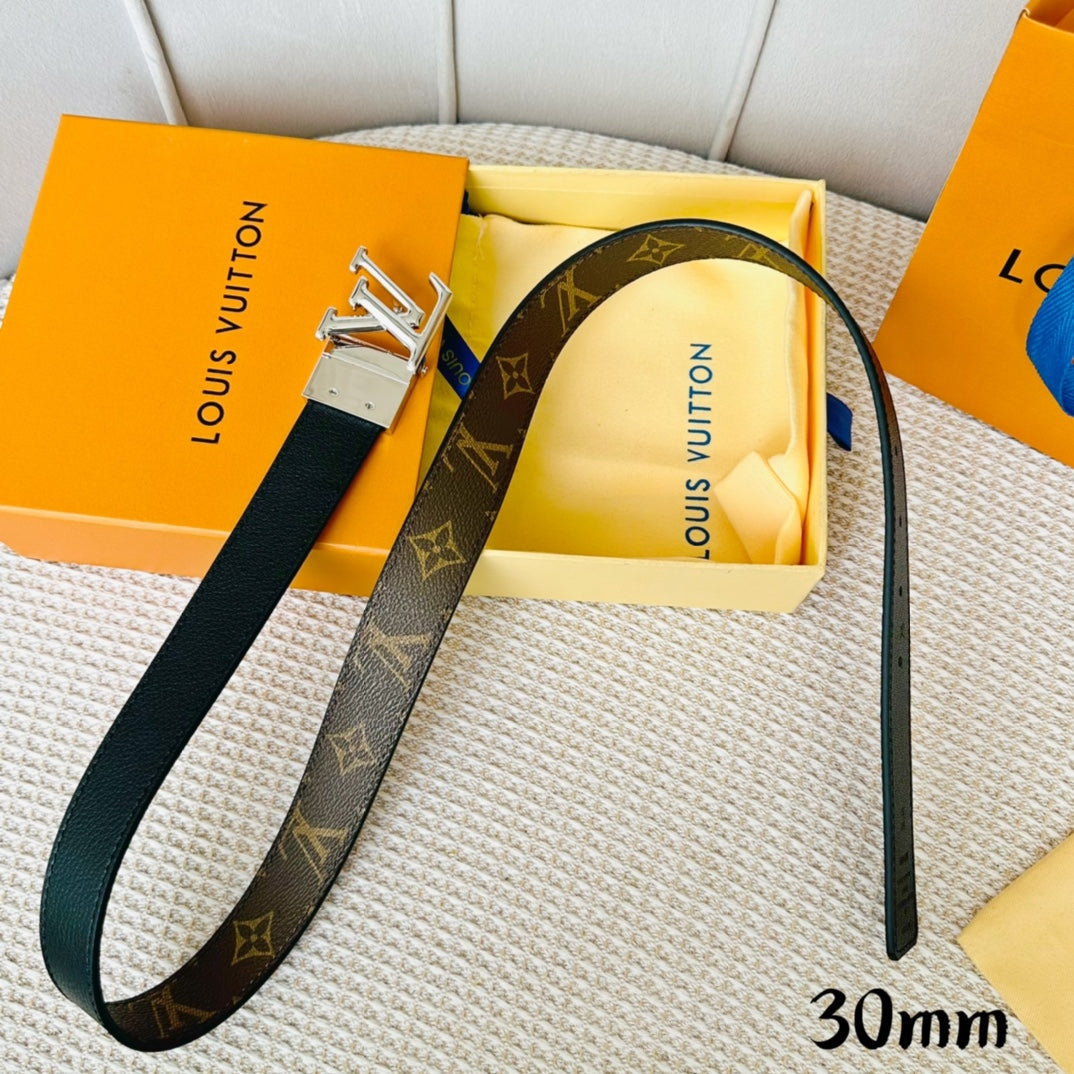 LV Initiales 30mm Reversible Belt Silver Rotating Buckle Black Brown Leather