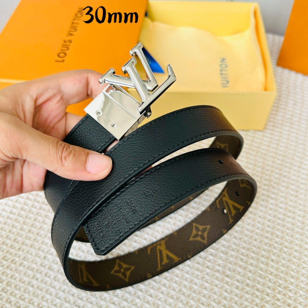 LV Initiales 30mm Reversible Belt Silver Rotating Buckle Black Brown Leather