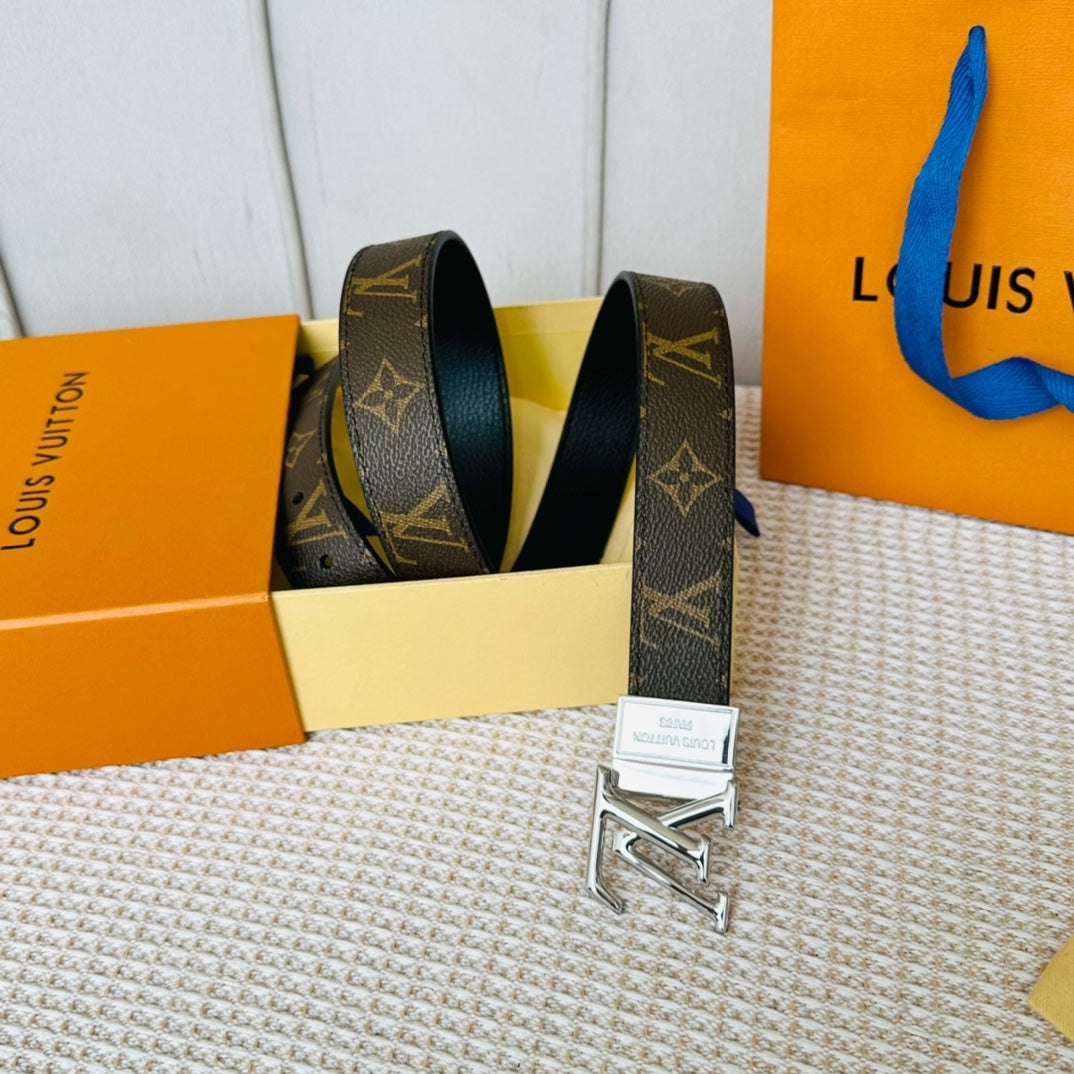 LV Initiales 30mm Reversible Belt Silver Rotating Buckle Black Brown Leather