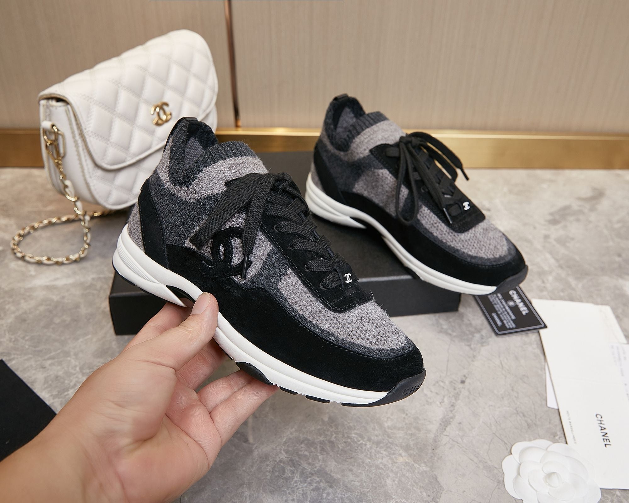 Chanel 2025 Sneaker Black Dark Grey Suede Knit 548316