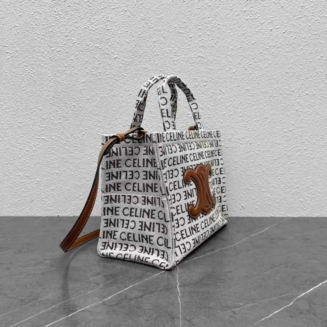 Celine 2026 Triomphe Printed Bag 26cm White Brown Black Canvas Calfskin 283599