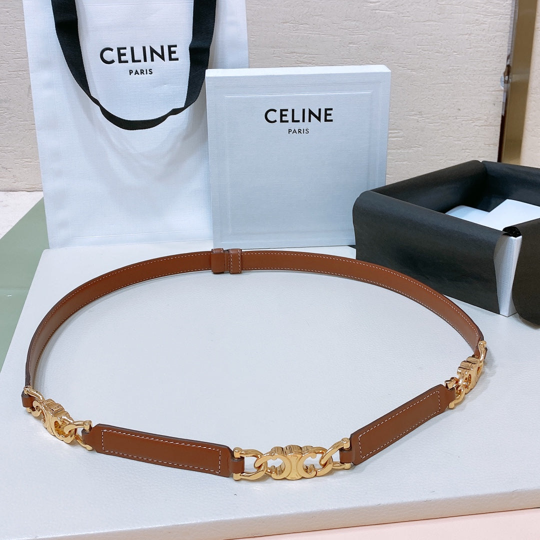 CL SMALL 18 MM GOURMETTE TRIOMPHE ADJUSTABLE BELT IN BRONZE BROWN LEATHER GOLD HARDWARE