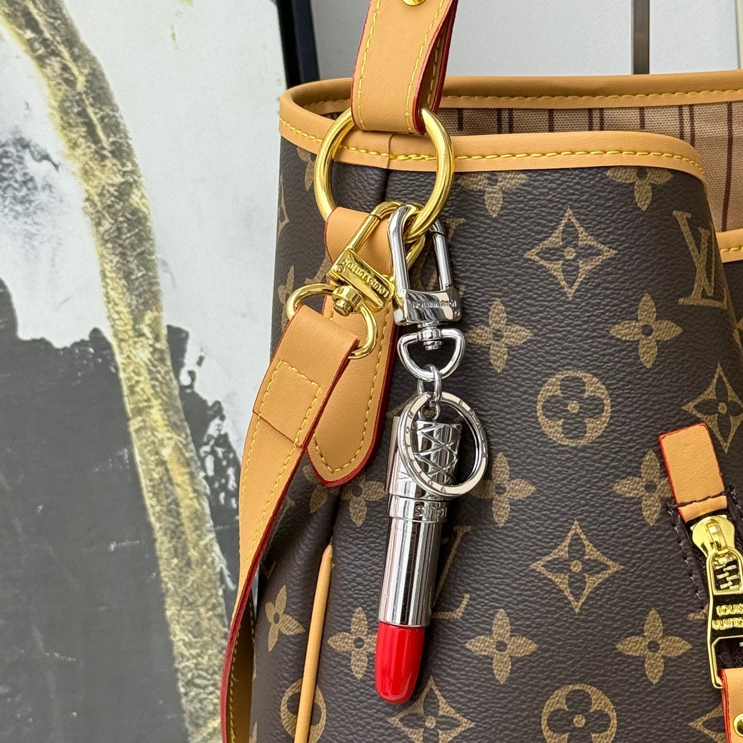 LV Silver Lipstick Bag Charm Keychain