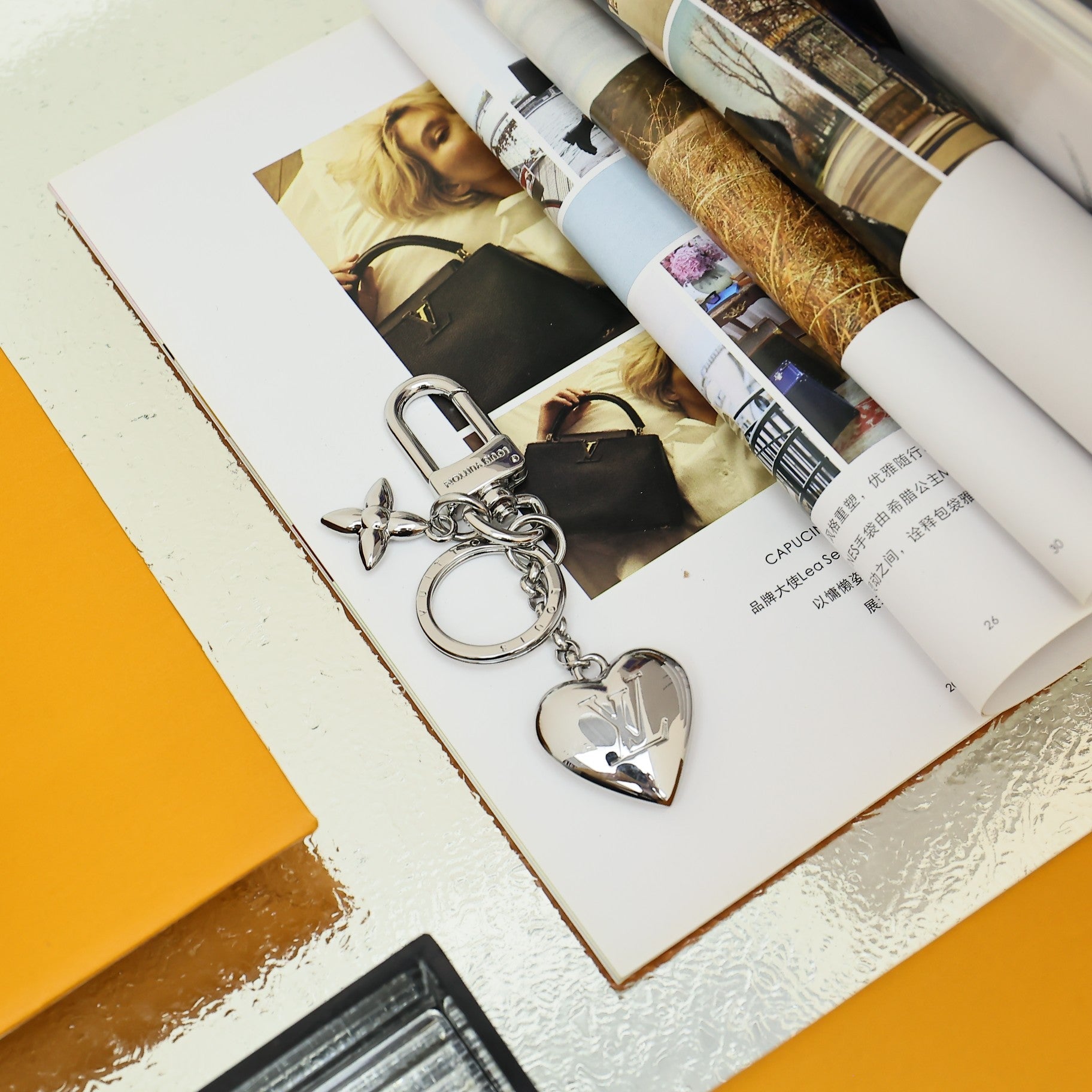 LV Silver Heart-shaped Keychain Bag Charm