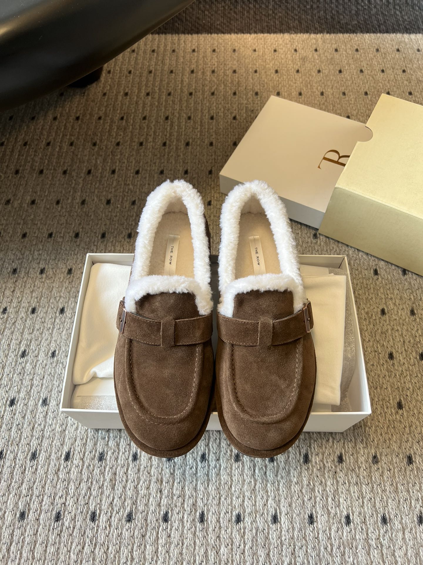 The Row 2025 Shearling Loafer Brown White Suede Wool 561602