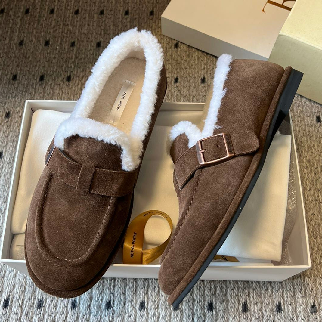 The Row 2025 Shearling Loafer Brown White Suede Wool 561602