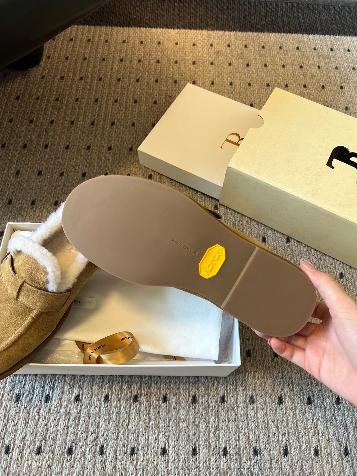 The Row 2025 Shearling Loafer Tan White Suede Wool 561603