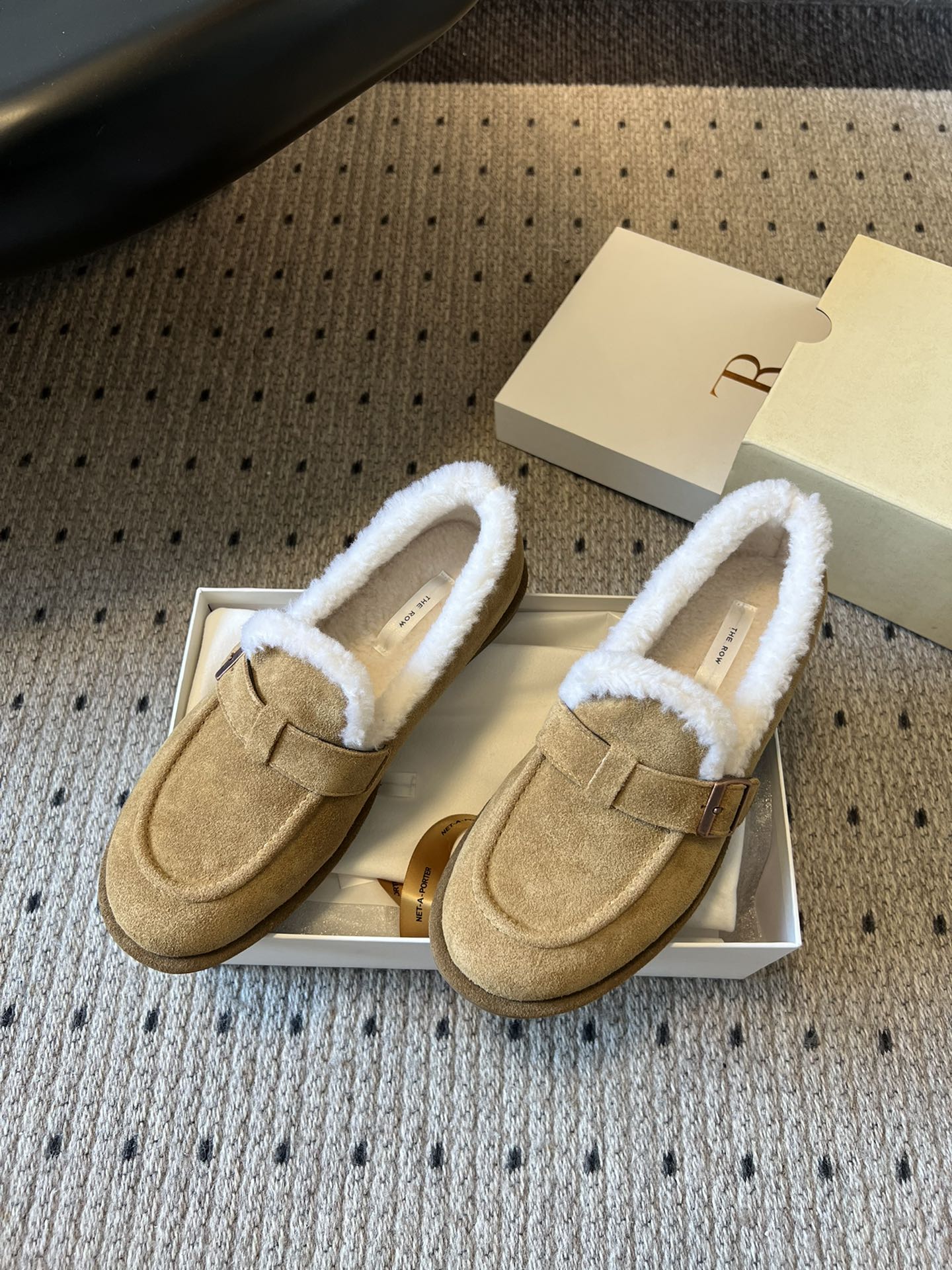 The Row 2025 Shearling Loafer Tan White Suede Wool 561603