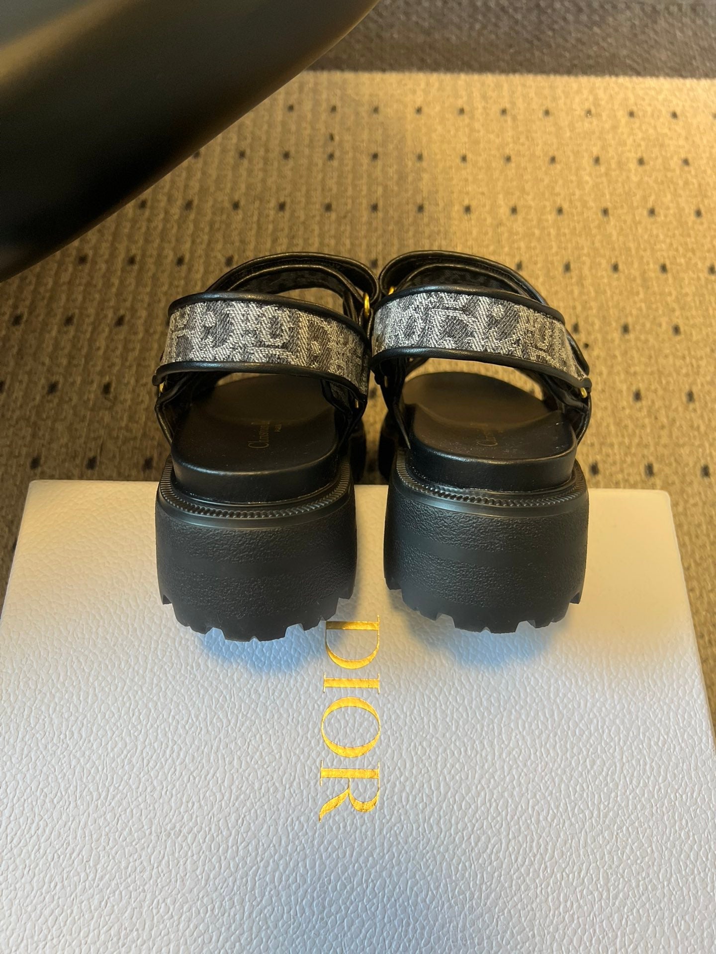 CD 26 Platform Sandals Black Blue Sheepskin Embroidered Fabric 621795