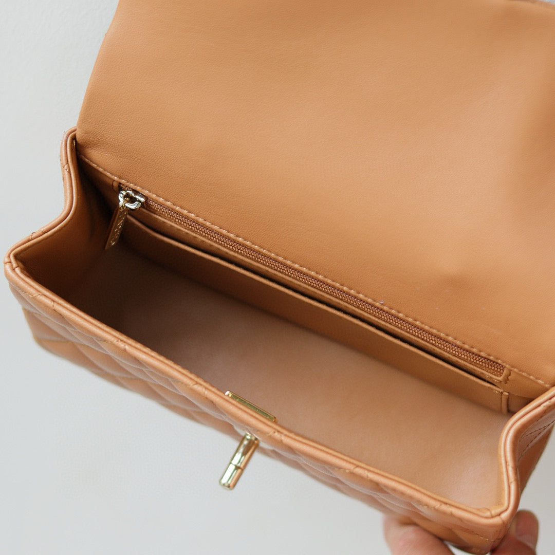 Mini Flap Bag With Top Handle 20cm Brown Lambskin Light Gold Hardware