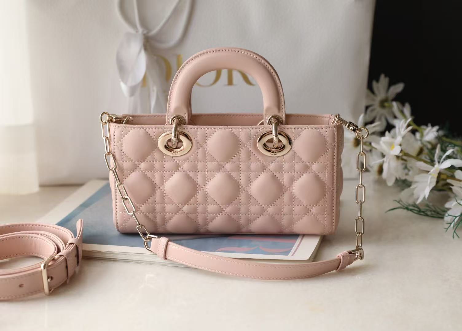 Dior 2025 Lady D-Joy 22cm Bag Powder Pink Lambskin