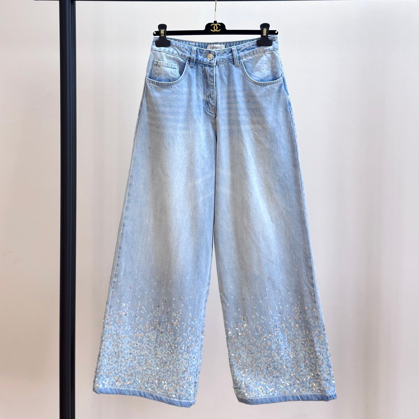 CC 26 Sequined Wide-leg Jeans Light Blue Denim Fabric