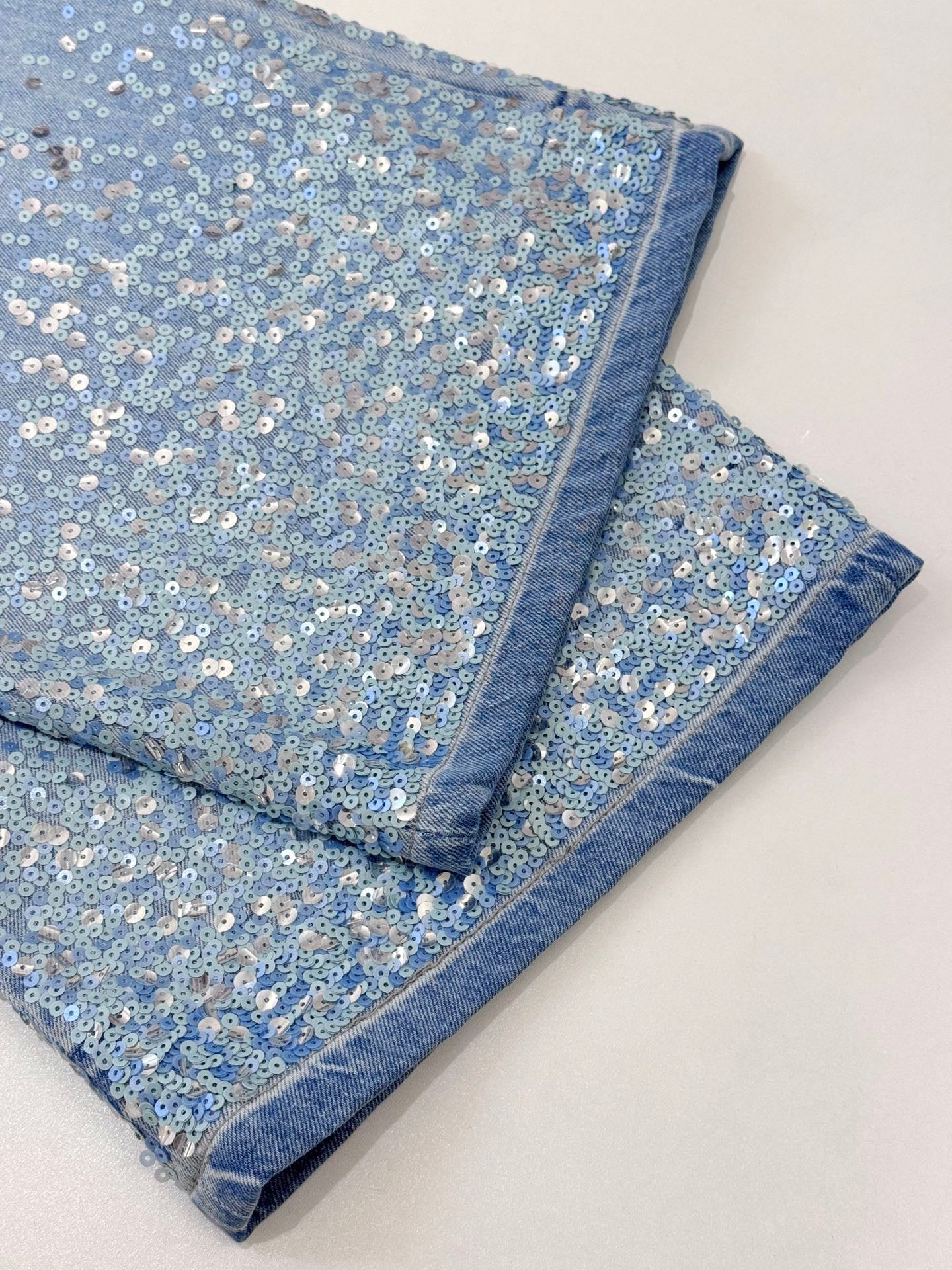 CC 26 Sequined Wide-leg Jeans Light Blue Denim Fabric