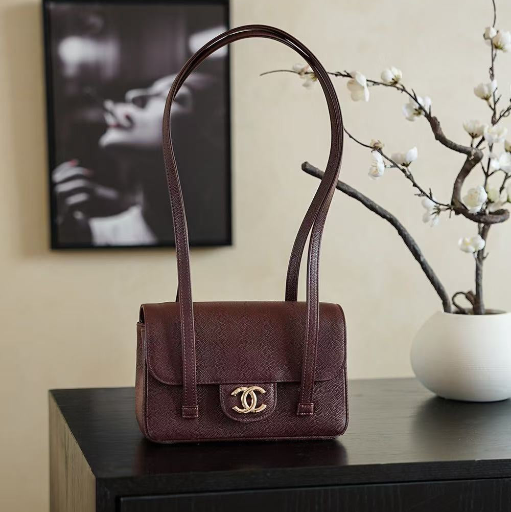 Chanel 2026 Bag 22cm Burgundy Grained Shiny Calfskin