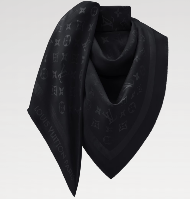 LV Monogram Classic Shawl 140cm Scarf Black Wool Silk