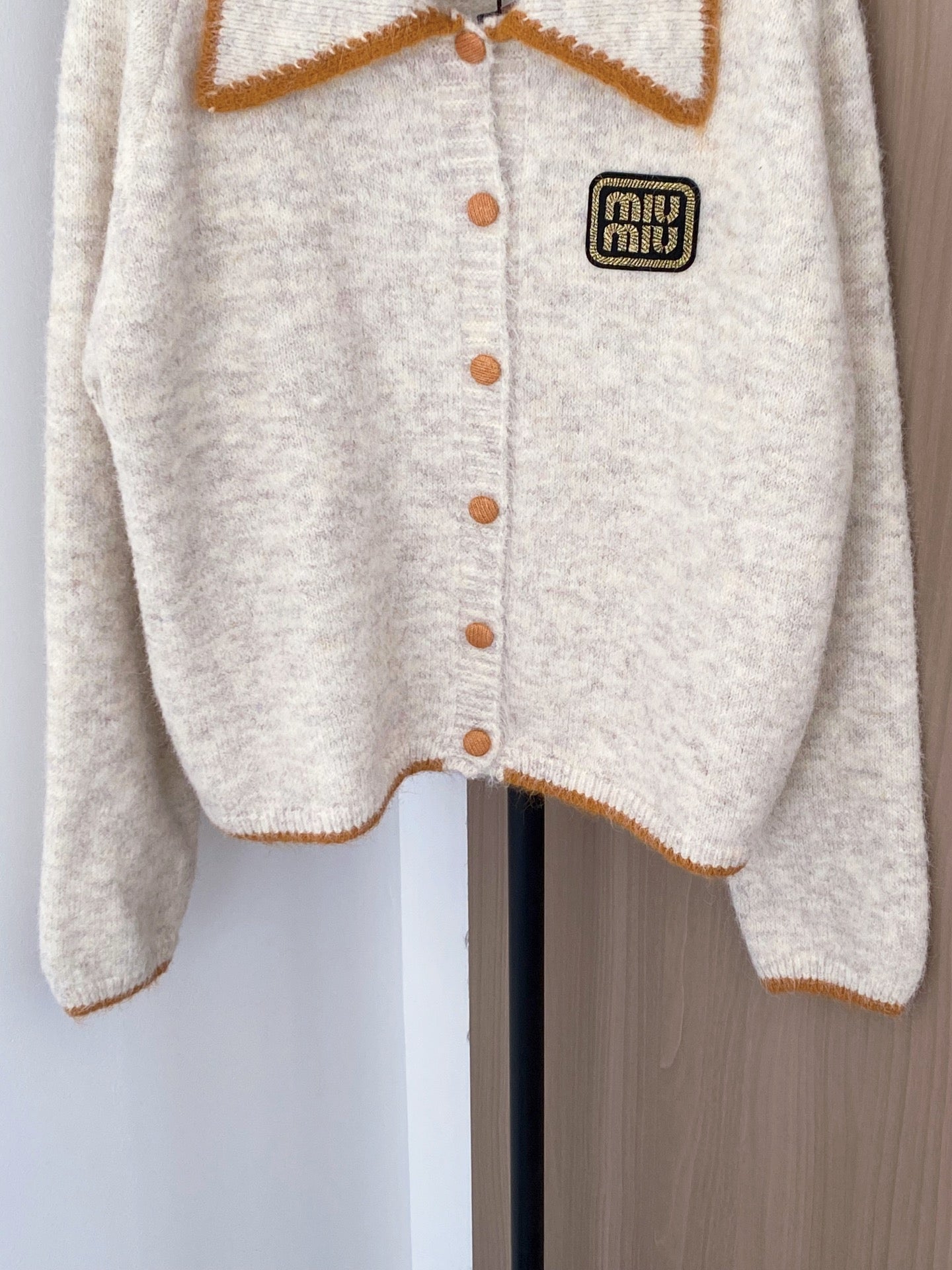 Miumiu 2025 Patch Cardigan Gray and Beige Wool
