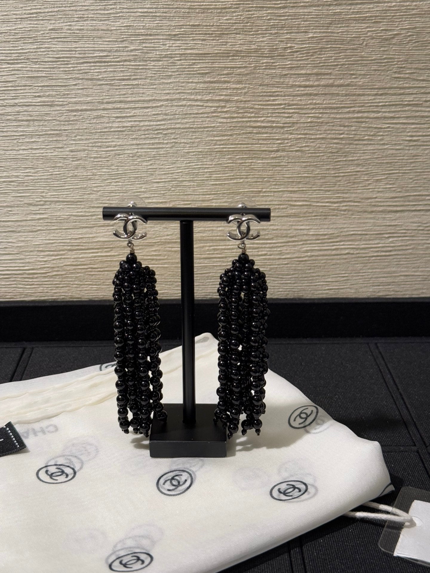Chanel 2026 Black Beaded Tassel Earrings with Gold Double C Long Earrings