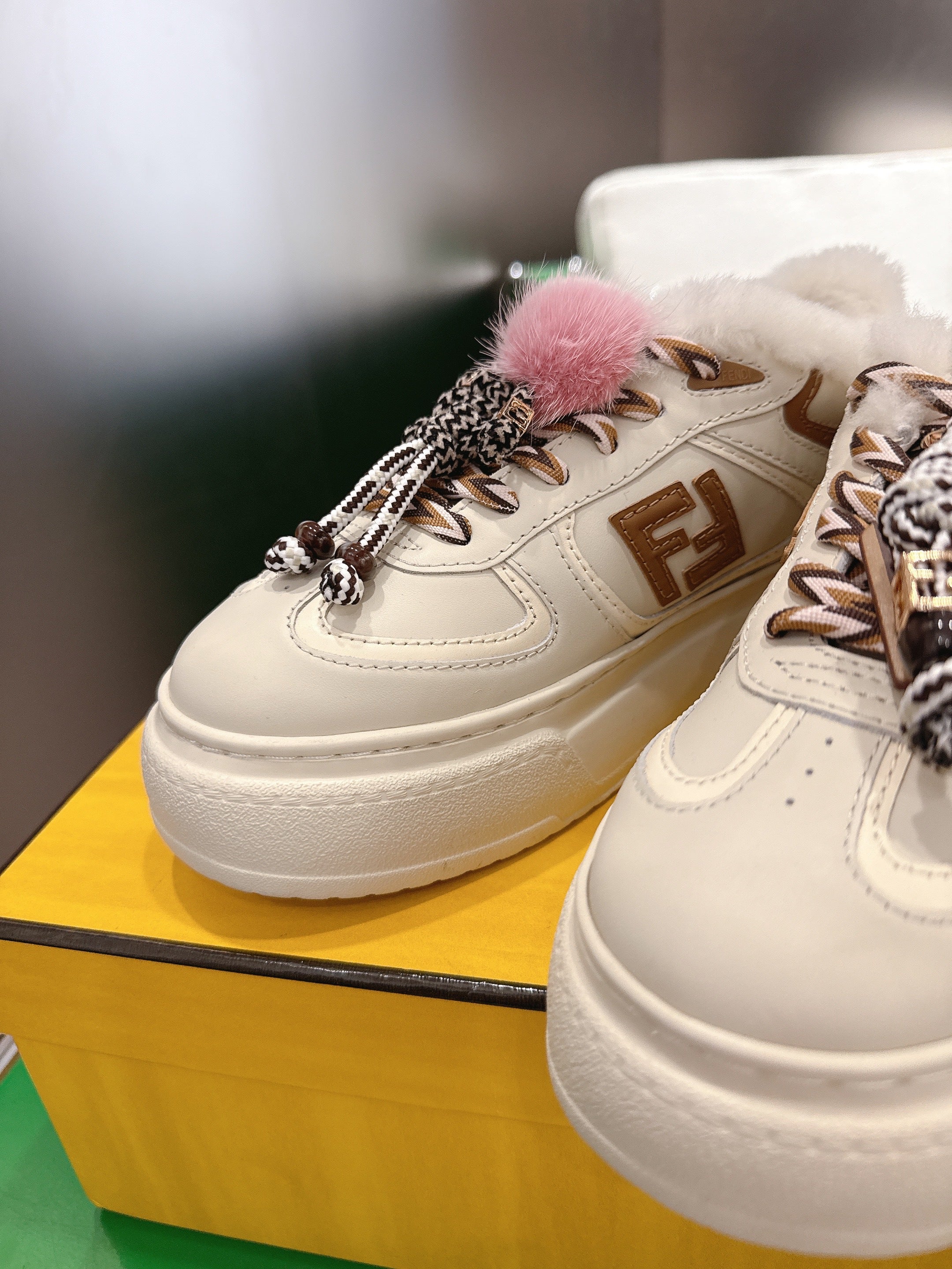 Fendi 2025 Match Platform Sneakers White mix Brown Leather Wool 562579