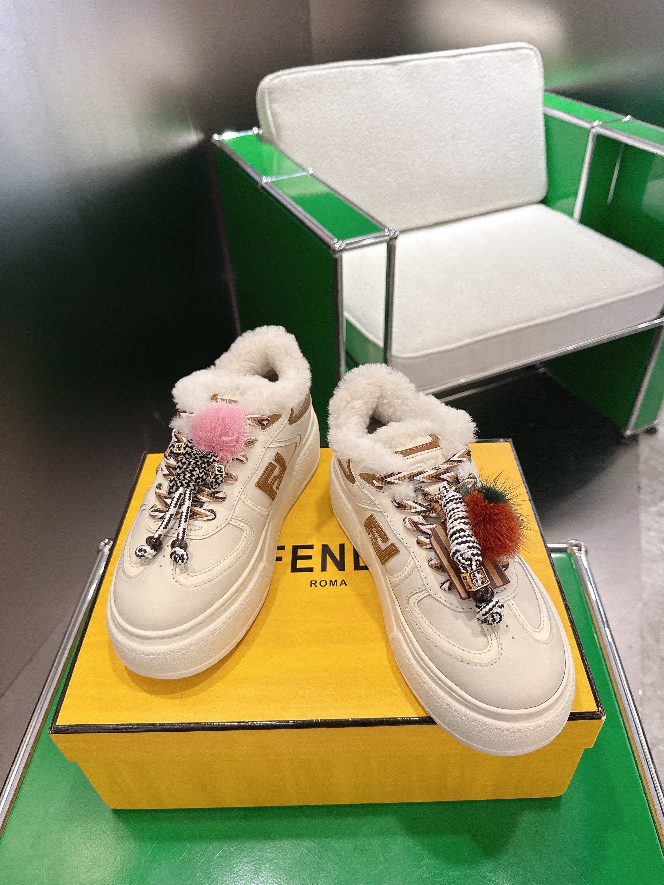 Fendi 2025 Match Platform Sneakers White mix Brown Leather Wool 562579