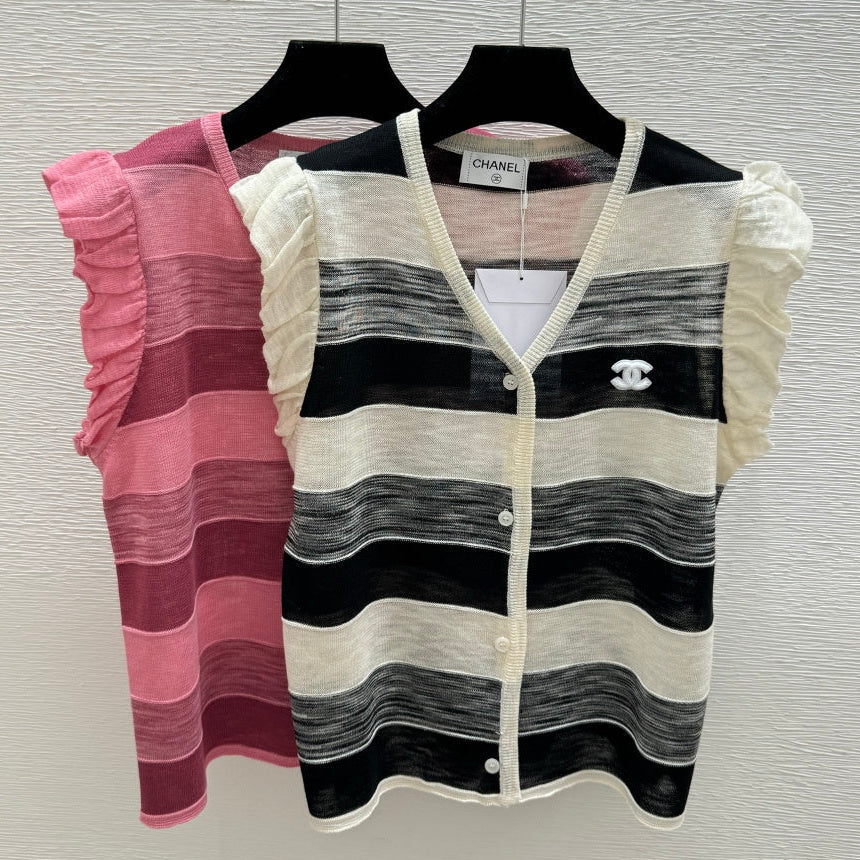Chanel 2026 Striped Simple V-Neck Knitted Vest Cardigan Tencel 516056