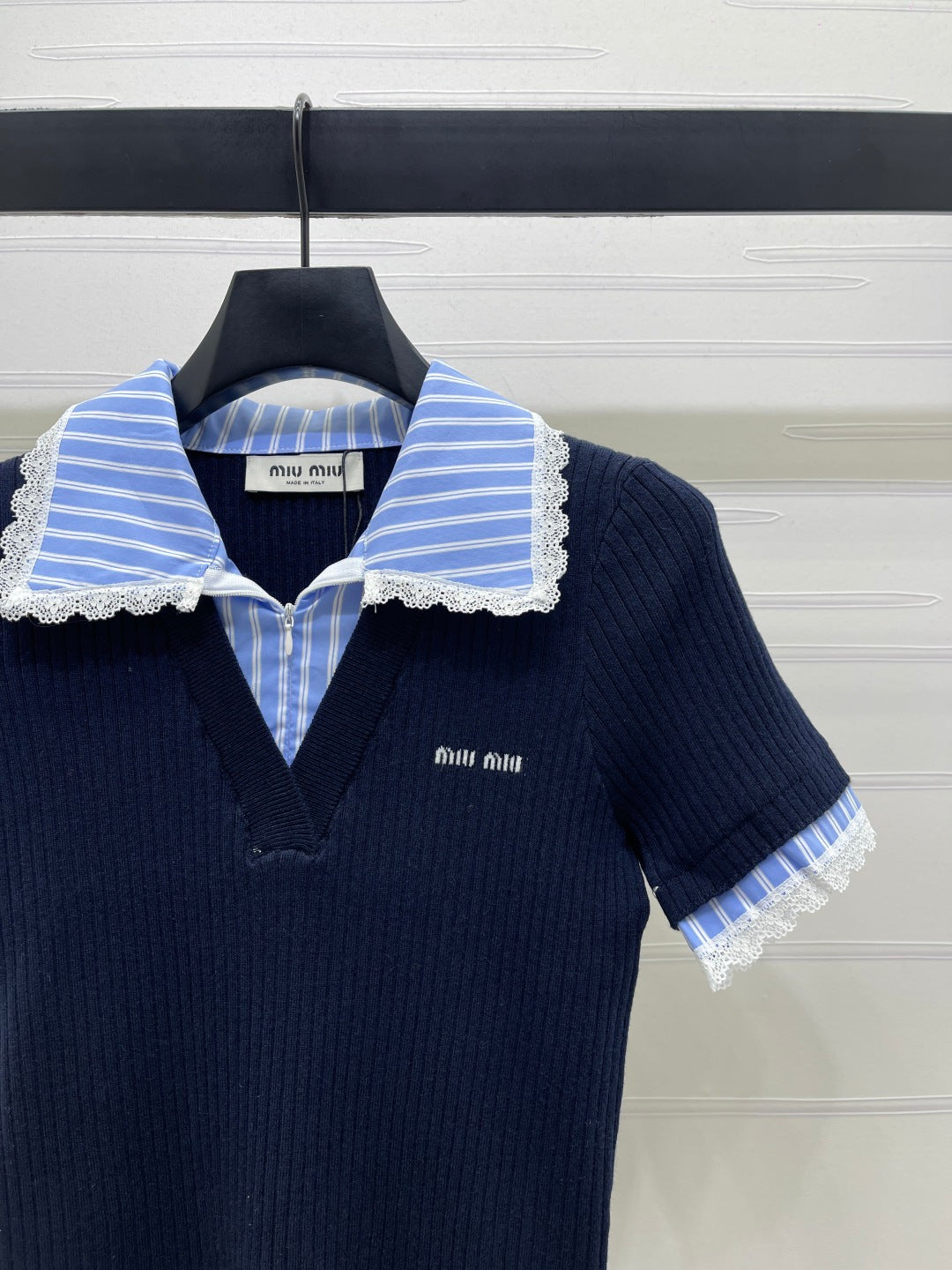 Miumiu 2026 Ribbed Knit Top With Striped Collar Blue Wool 352525
