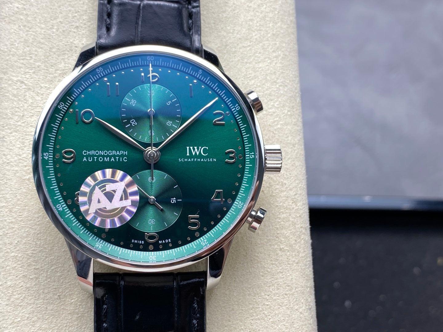 IWC Portuguese 41mm Green Dial Steel Case Black Leather