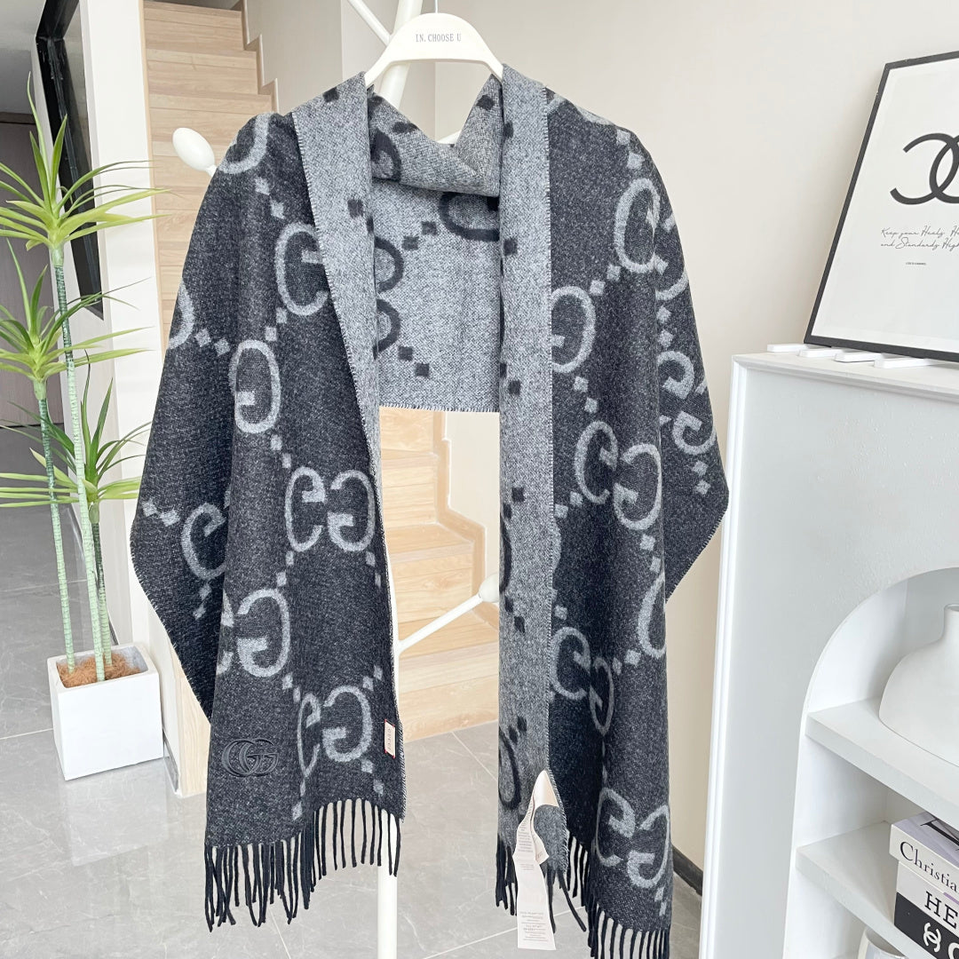 GG Houndstooth Scarf 180CM Black Cashmere 288178