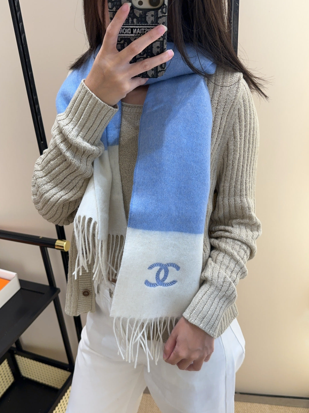 CC 25s Scarf 140cm White Blue Cashmere 973342