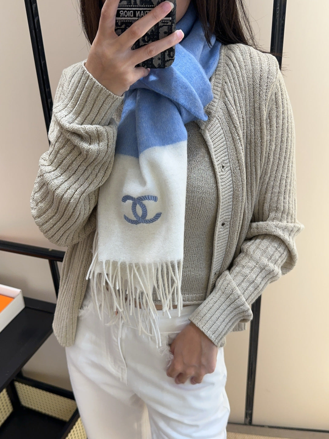 CC 25s Scarf 140cm White Blue Cashmere 973342