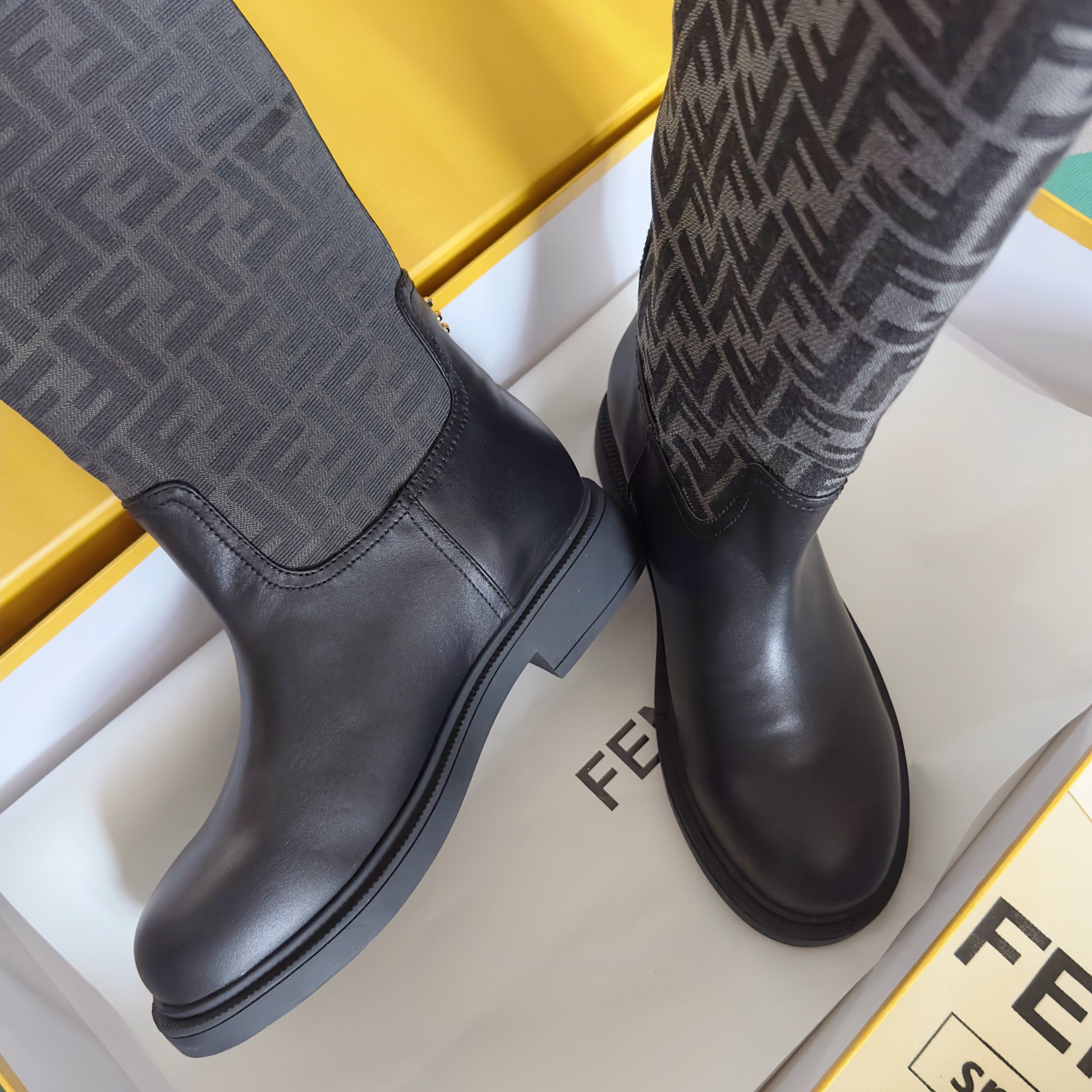 Fendi 2025 Filo Black Sheepskin and FF Fabric Boot 553108