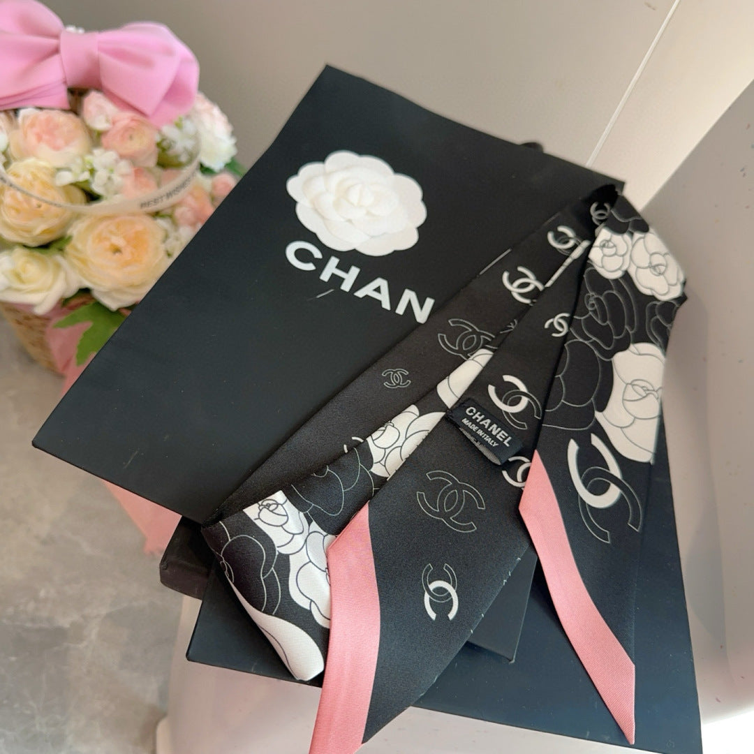 CC  Twilly Mini Scarf 120cm Black Pink Mulberry Silk 953290