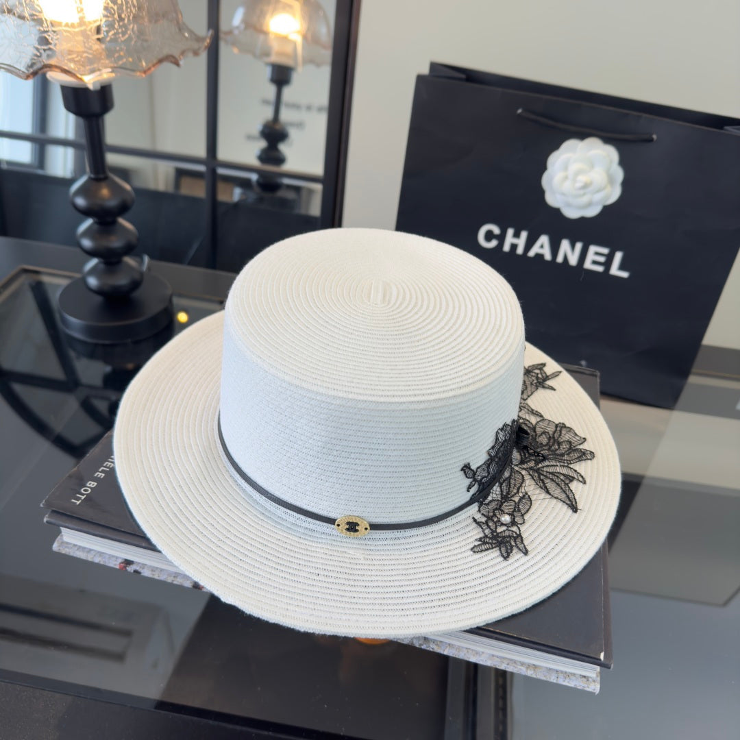 Chanel Flat-top White Black Straw Hat 269024