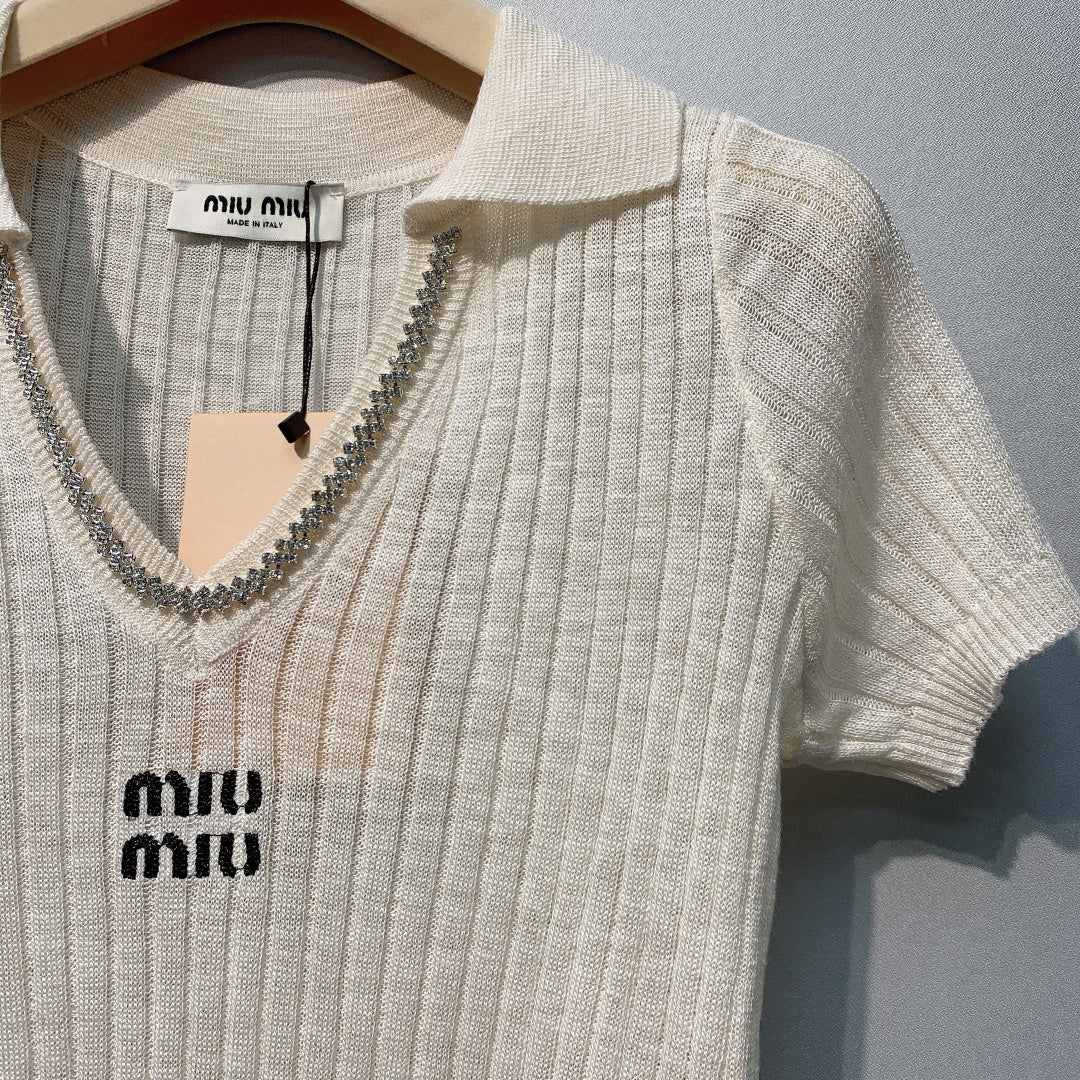 MiuMiu 2026 Knit Polo Shirt Cream Wool 370201