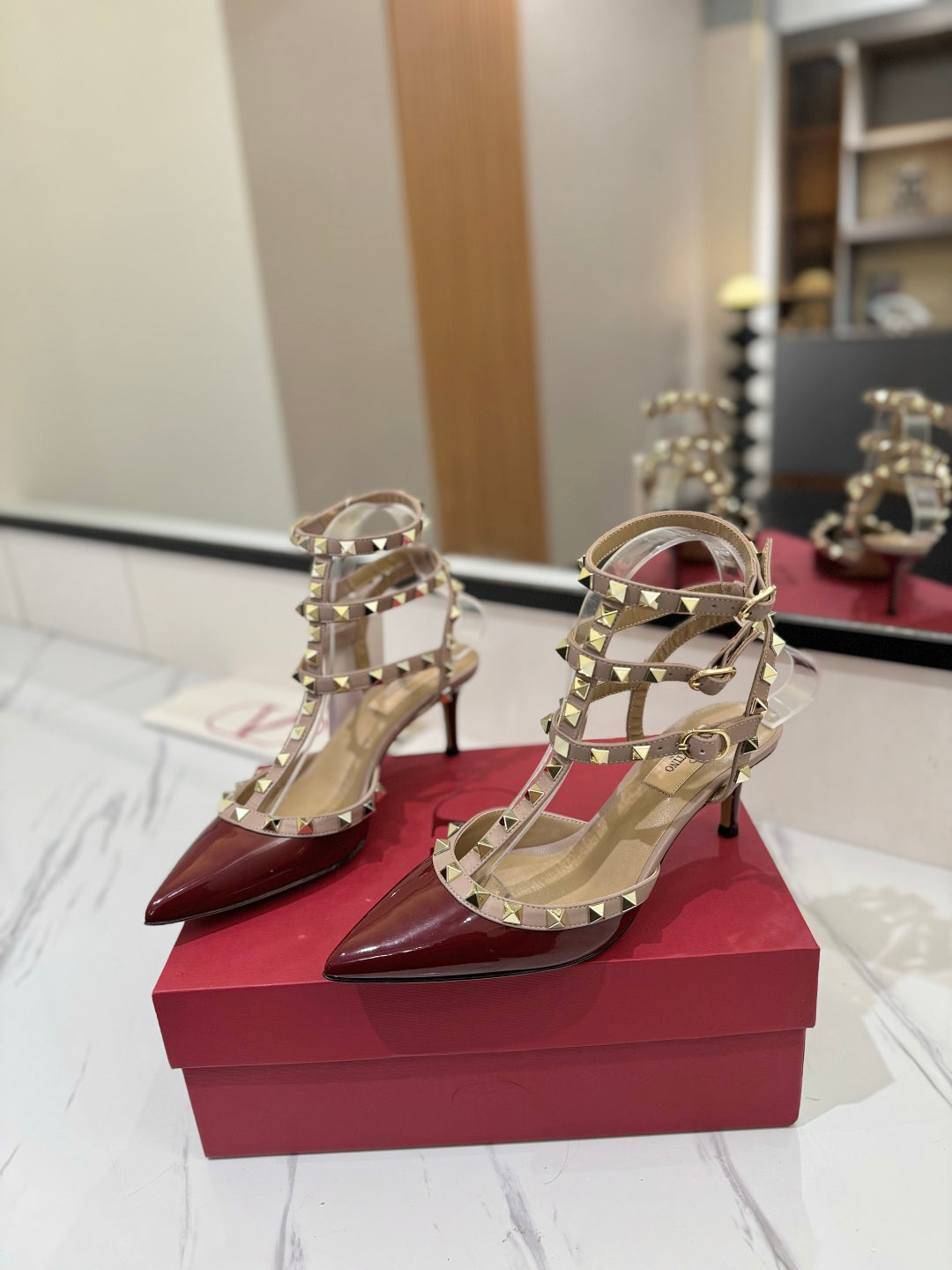 VT Classic Ankle-Wrap Studded Sandal Red Patent Leather Goatskin 351811