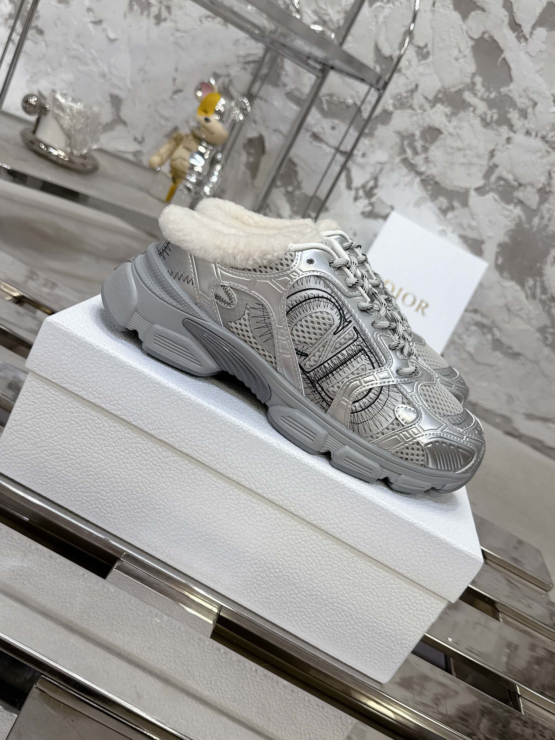 Dior 25 Chrono Sneakers Silver Mesh Calfskin 530322
