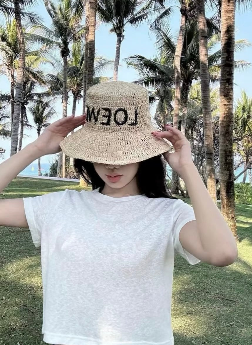 Loewe Embroidered Logo Raffia Bucket Hat 269027