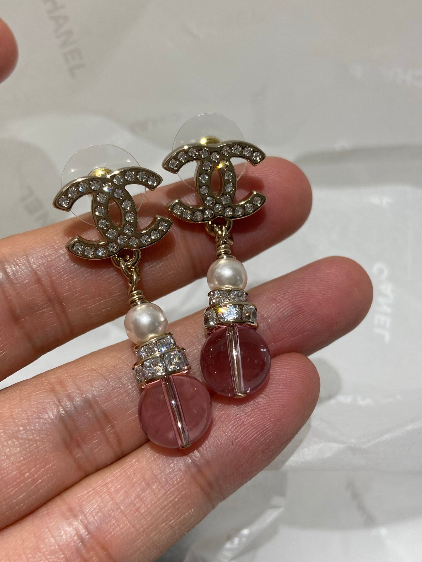 CC  Pink Crystal Gold Pearl Earrings