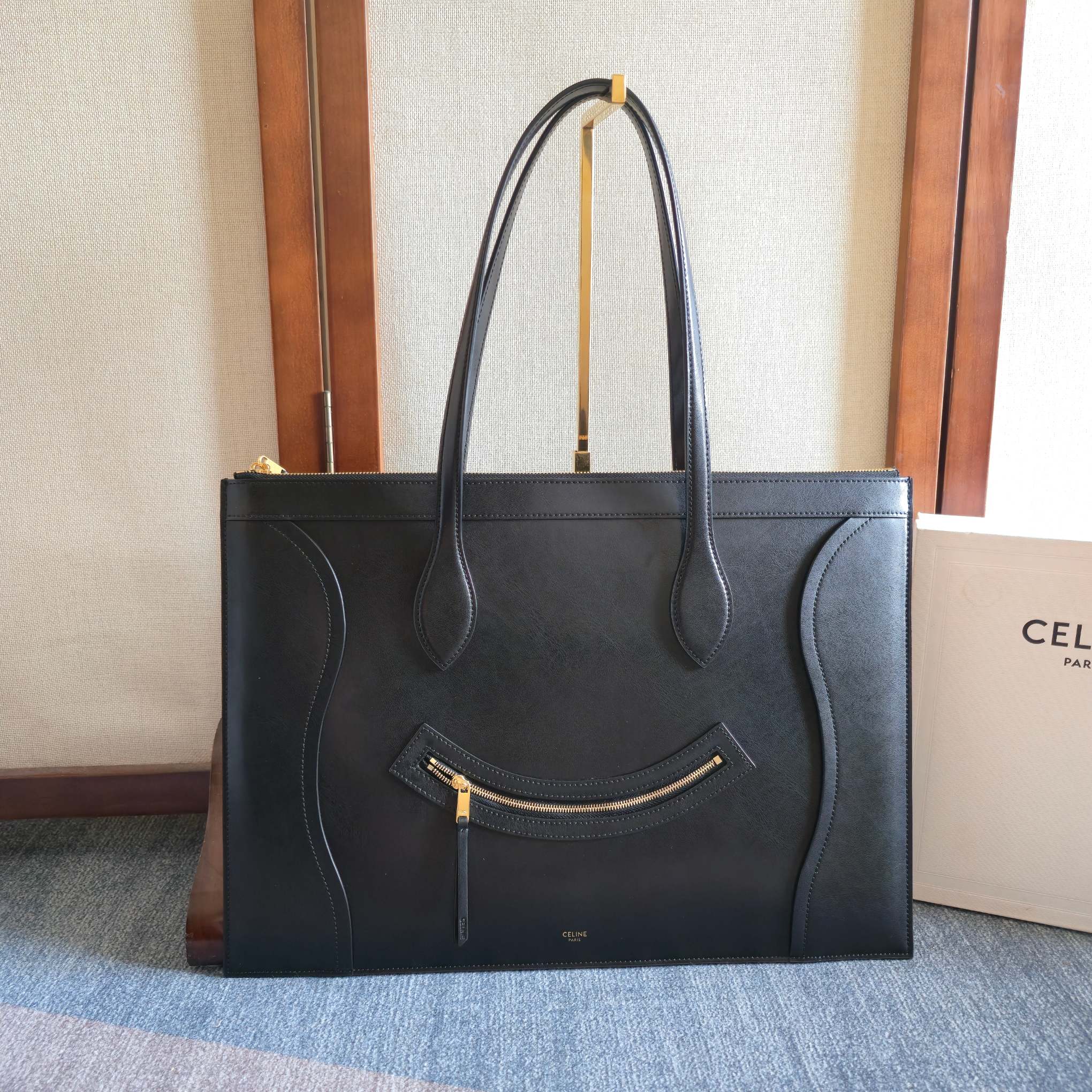 Celine 2026 Flat Cabas New Luggage Bag Black Calfskin 276207